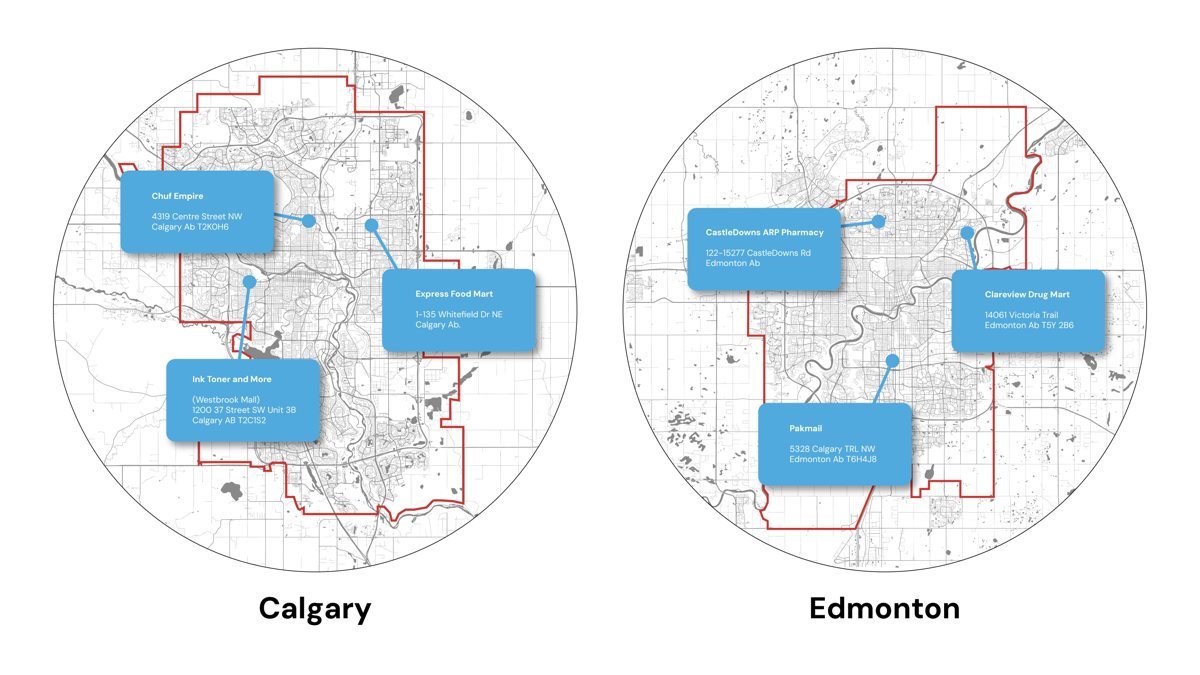 Map of HitchMail drop-off and pickup locations in Calgary and Edmonton